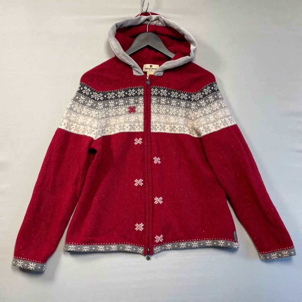 Woolrich Womens‎ Red Snowflake Fair Isle Full Zip Hooded Sweater Jacket Size L